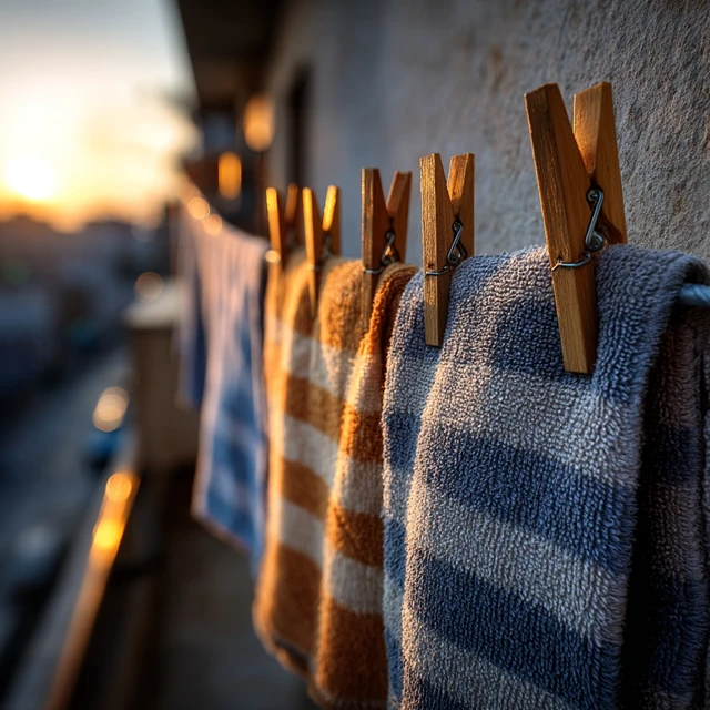 Morning Laundry: Towels Drying on Balcony Clothesline