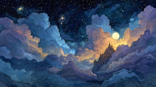 Floating Kingdom in the Clouds Cartoon Illustration