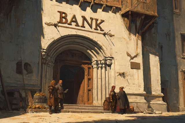 Medieval Fantasy Bank Sunny Day Illustration