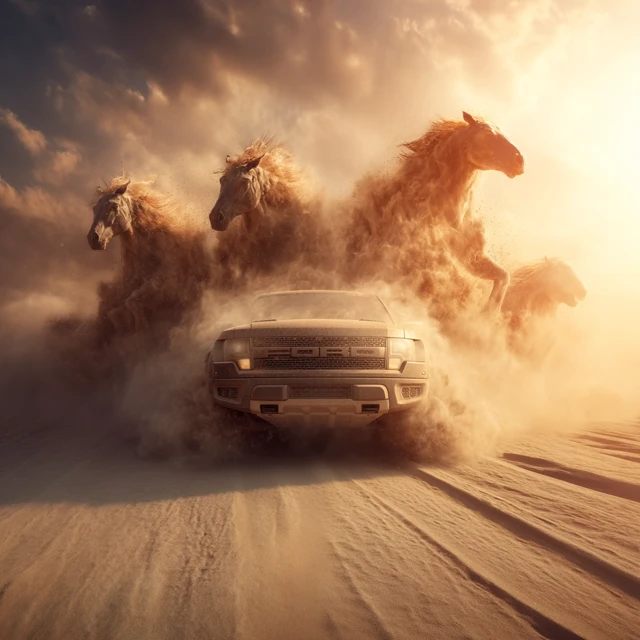 OffRoad SUV and Galloping Horses Desert Scene