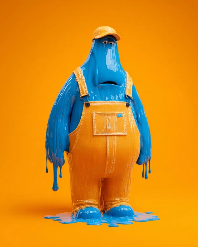 Pixar 3D Character Melting Down on Orange Background