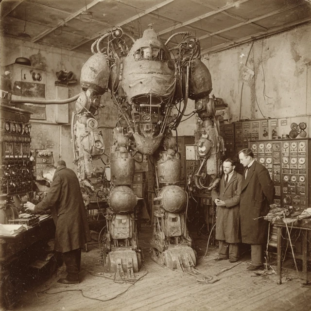 Vintage Robot Scientists in Victorian Era Workshop