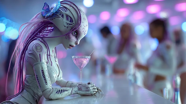 Alien Girl at Bar Drinking Martini