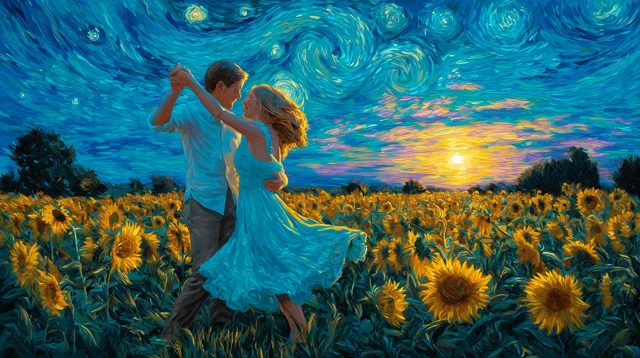 Couple Dancing in a Sunflower Field Van Gogh Style