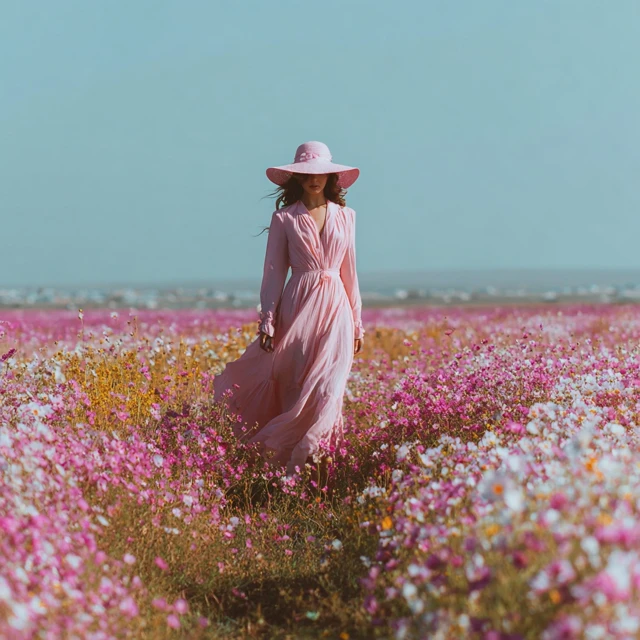 Woman in Pink Dress Walking Through Flower Field