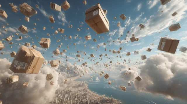 Boxes Falling From The Sky City View Cinematic Image