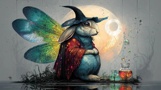 Whimsical Rabbit Witch with Dragonfly Wings Cartoon Art