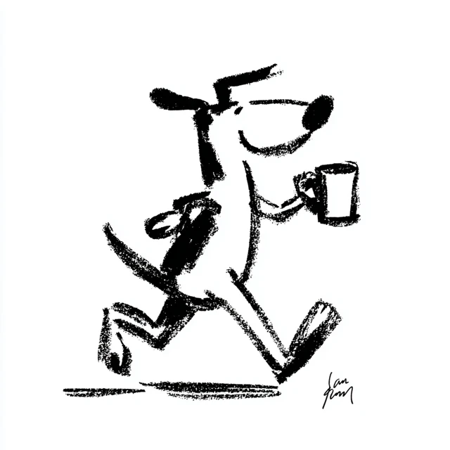 Cartoon Dog Walking Smiling with Coffee Mug