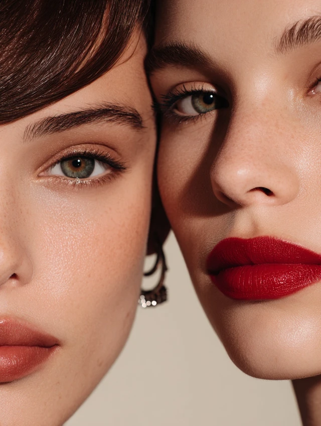 Models with Red Lipstick Makeup Close Up