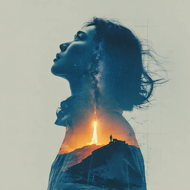 Asian Scientist Space Double Exposure Portrait