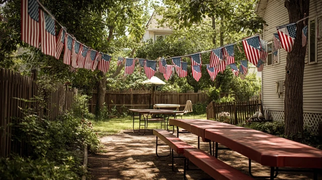 American Backyard BBQ with Flags Photo