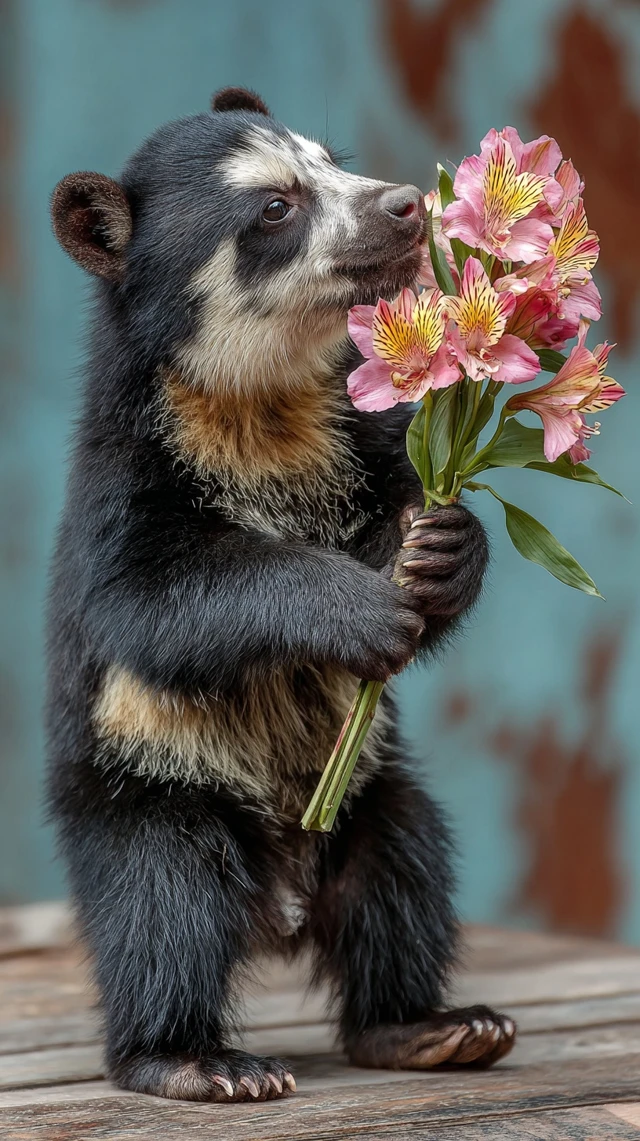 Spectacled Bear Smelling Flowers Art