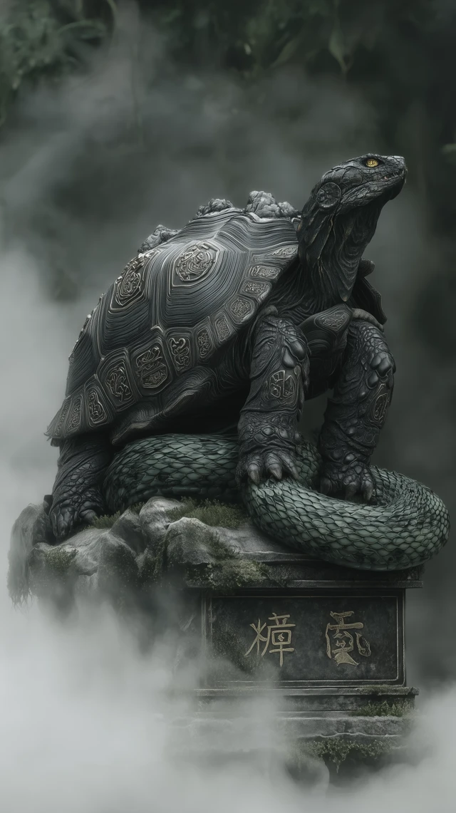 Mystical Tortoise and Serpent in Ancient Mist