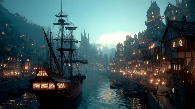 Pirate Ship in Medieval Port Fantasy Art