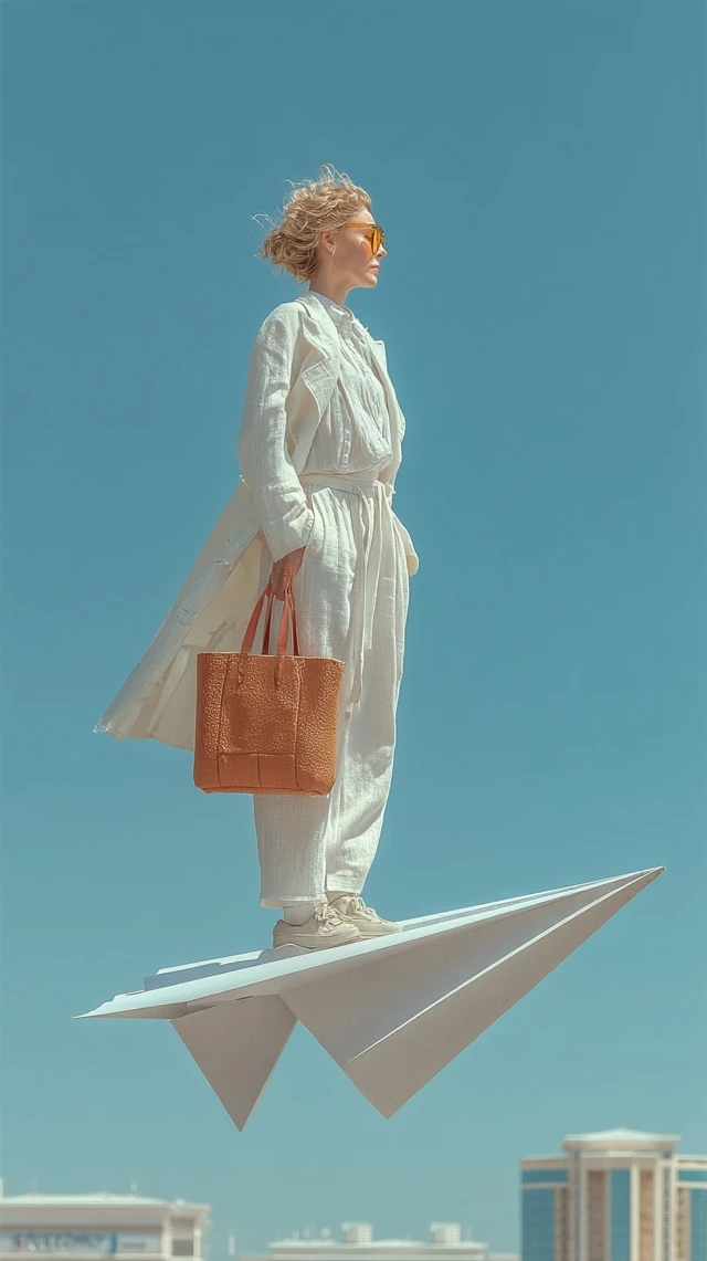Woman on Paper Airplane Above City