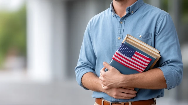 Academic Holding Books American Flag Back View
