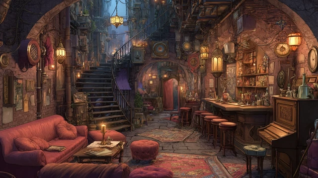 Fantasy Bar Interior with Magic and Technology