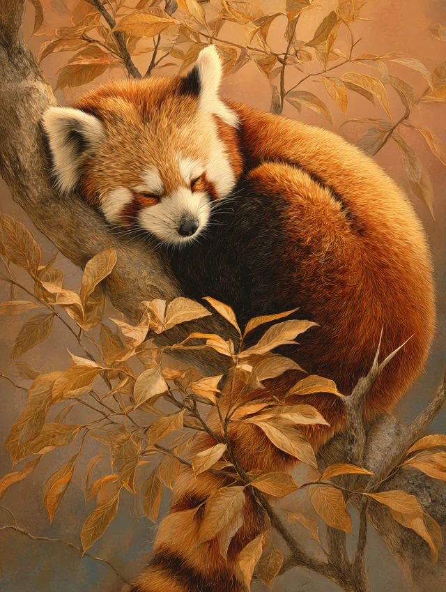 Sleeping Red Panda in Autumn Leaves