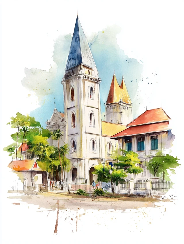 Savannakhet Laos Watercolor Painting: Catholic Church Art Print