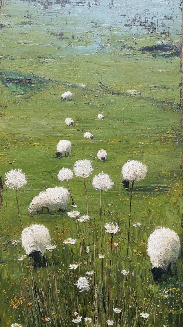 Green Field with Sheep and Flowers