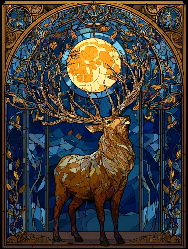 Anime Stained Glass Stag and Full Moon Art Nouveau