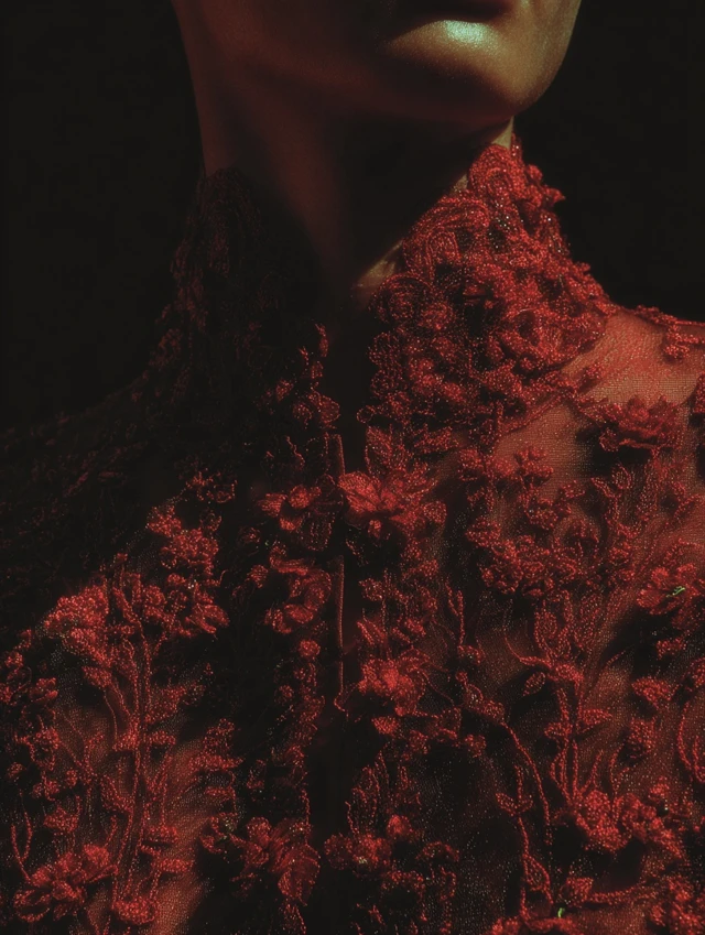 Red Lace Fabric Floral Kebaya Elegant Detail