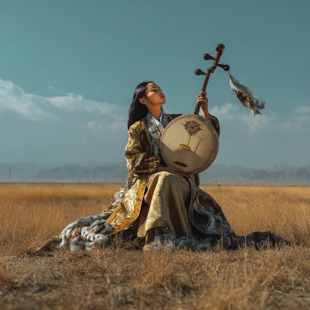 Kazakh Woman with Dombra in Steppe