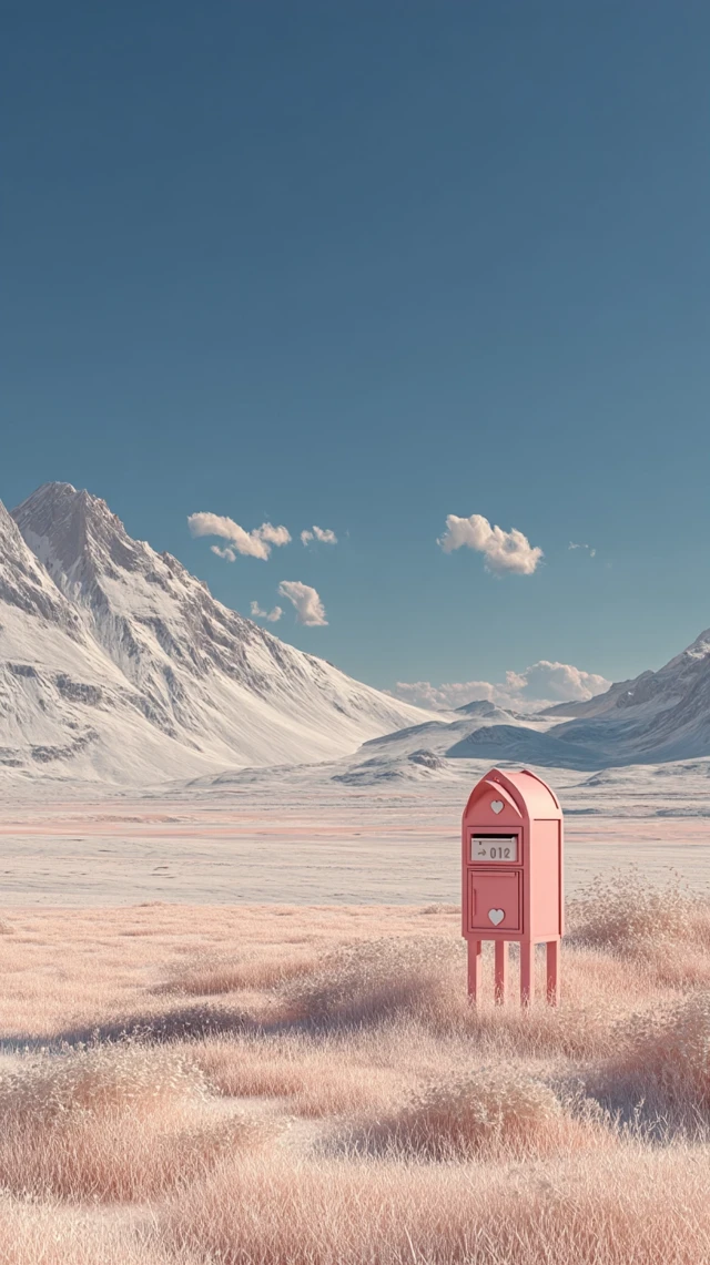 Surreal Mountain Landscape with Pink Mailbox