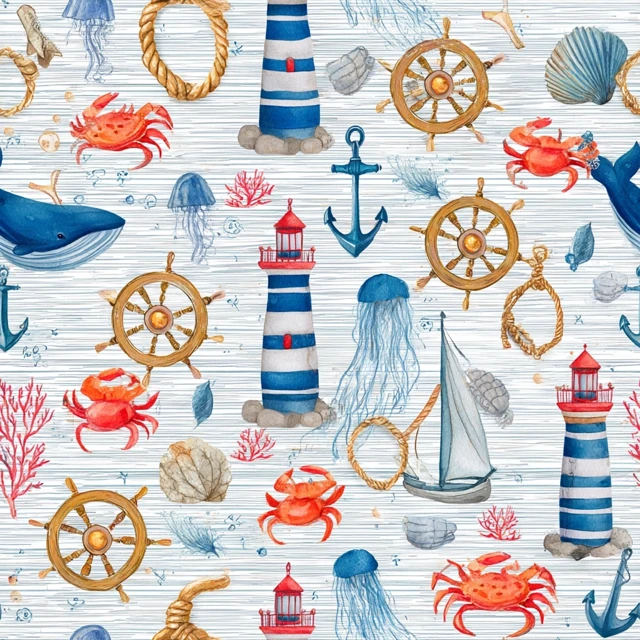 Nautical Seamless Pattern Watercolor Illustration
