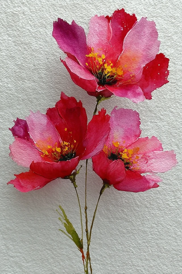 Watercolor Flowers Painting: Red Blooms, Messy Style
