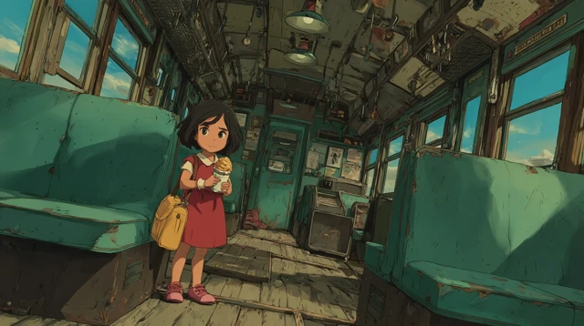 Little Girl Eating Ice Cream on a Train Illustration