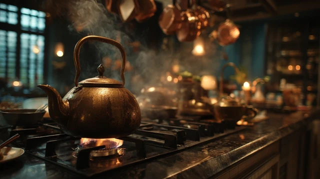 Steaming Kettle on Gas Stove Kitchen Memories UHD 8K