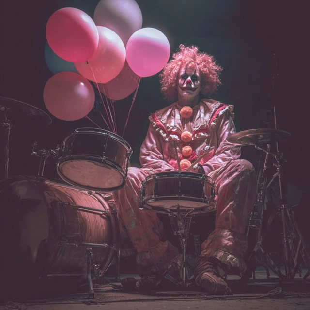 Psychedelic Clown Drummer with Balloons and Jazz