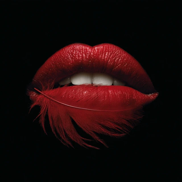 Red Lips with Feather Hyper Realistic
