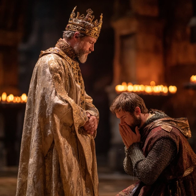 Medieval Emperor and Rebel Kneeling Photo