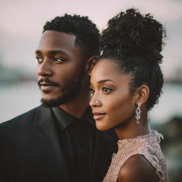 Engaged Black Couple Portrait with Serene Background