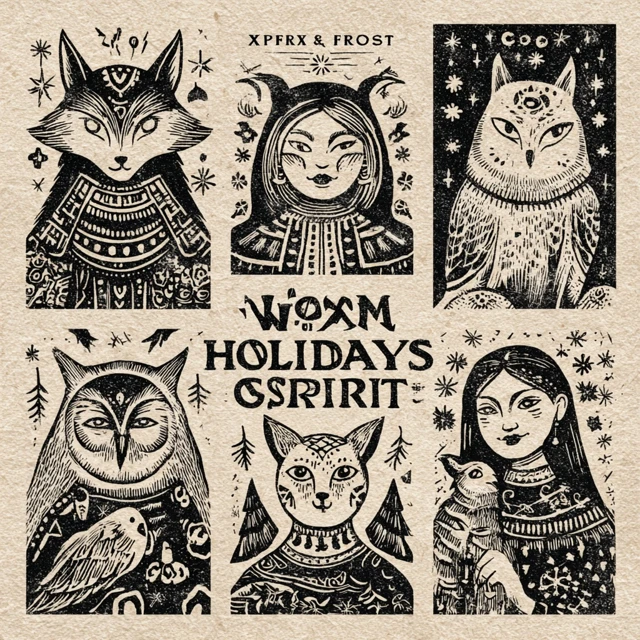 Fox Spirit Vintage Christmas Postcards Linocut Art