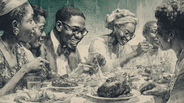 Nigerian Family Dinner Engraving Illustration