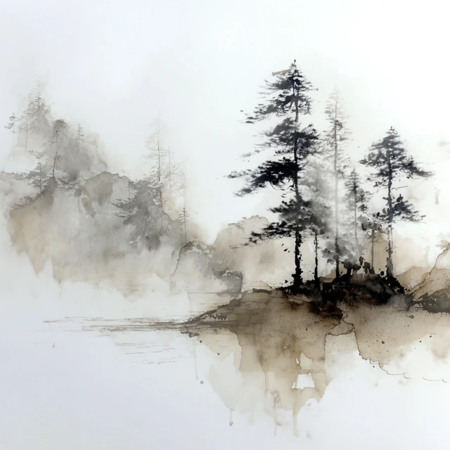 Oriental Ink Wash Painting Forest and Tea Smoke
