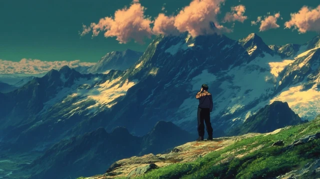 Anime Man on Mountain Adventure Dramatic Scenery