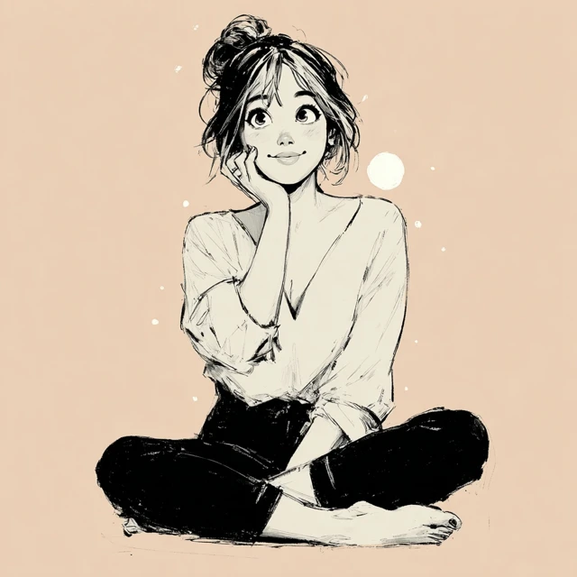 Cute Line Drawing Illustration of a Young Woman