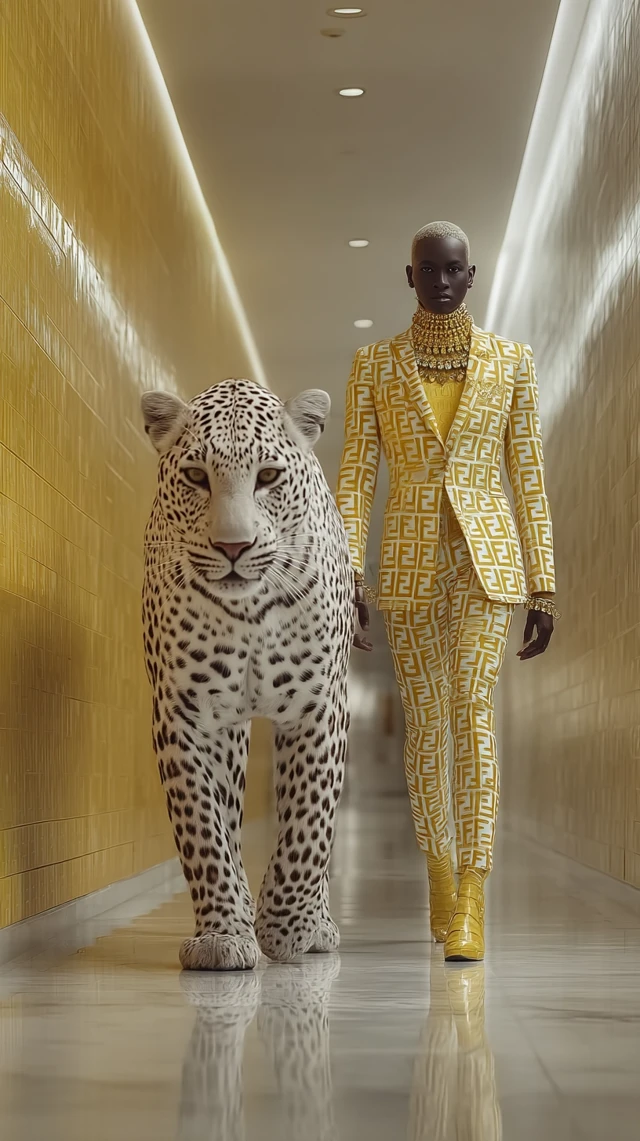Fendi Leopard and Model Walking Side by Side