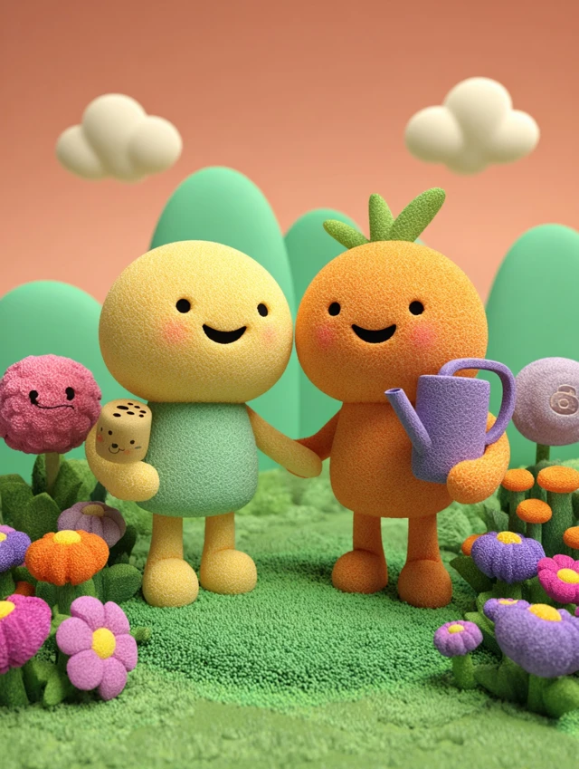 Cute 3D Characters in a Garden Childrens Book Illustration