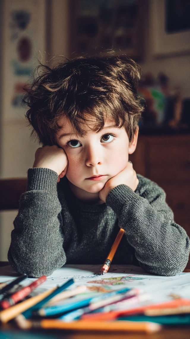 Adorable Boy Coloring at Desk Bittersweet Moment