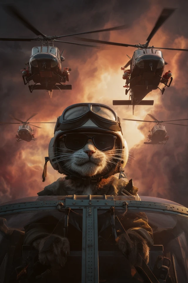 Angry Cat Pilot Helicopter Action Scene