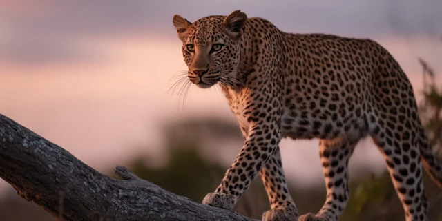 African Leopard Walking Across Branch Golden Hour