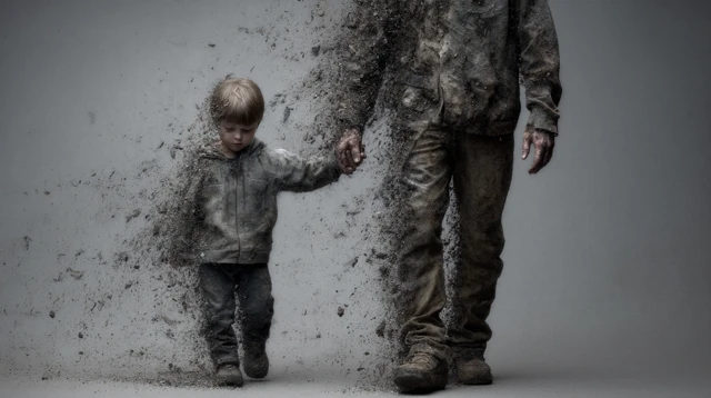Father and Son Disintegration Photorealistic Portrait