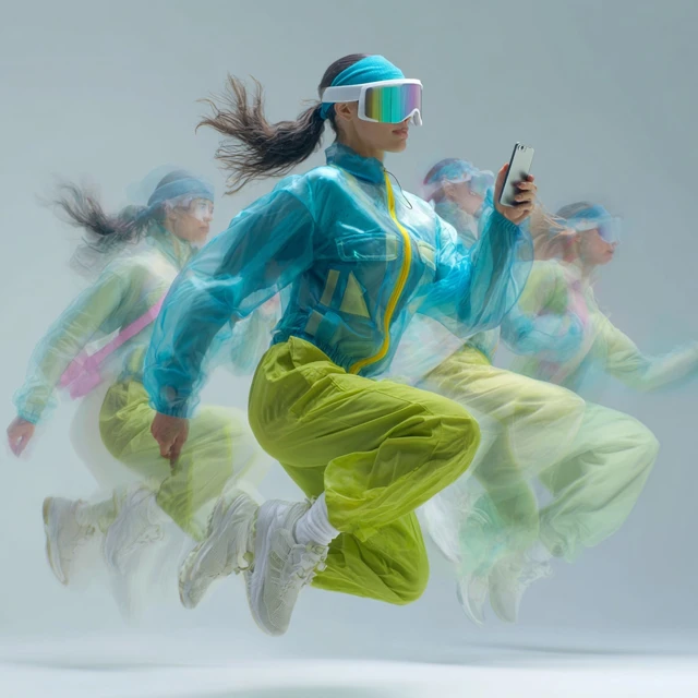 Sportswear Model Jumping with Phone 3D Pastel Background