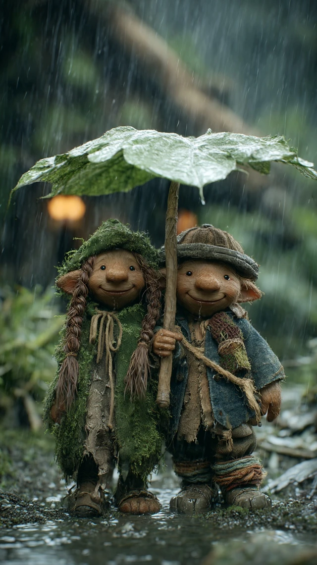 Gnome Couple in Forest Rain Charming Illustration