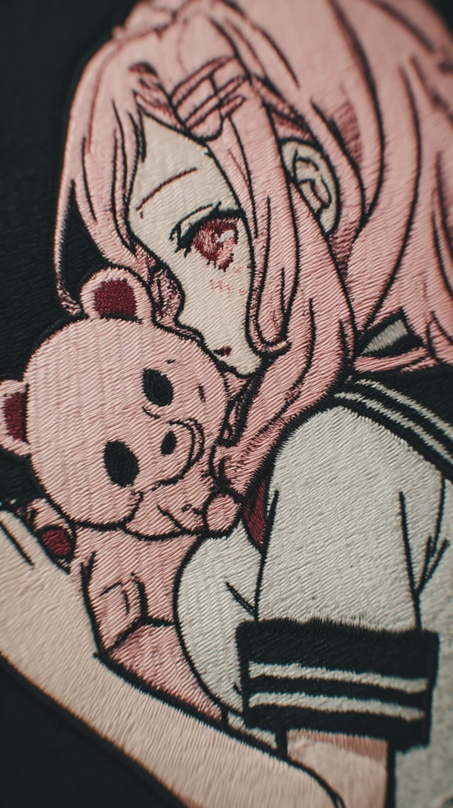 Anime Embroidered Patch Shy Girl With Teddy Bear